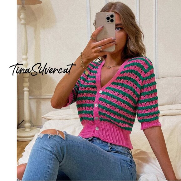 BLOGGER'S FAVE! Zara Striped Knit Jacket Button Up Sweater Pink Green NWT - Picture 2 of 12